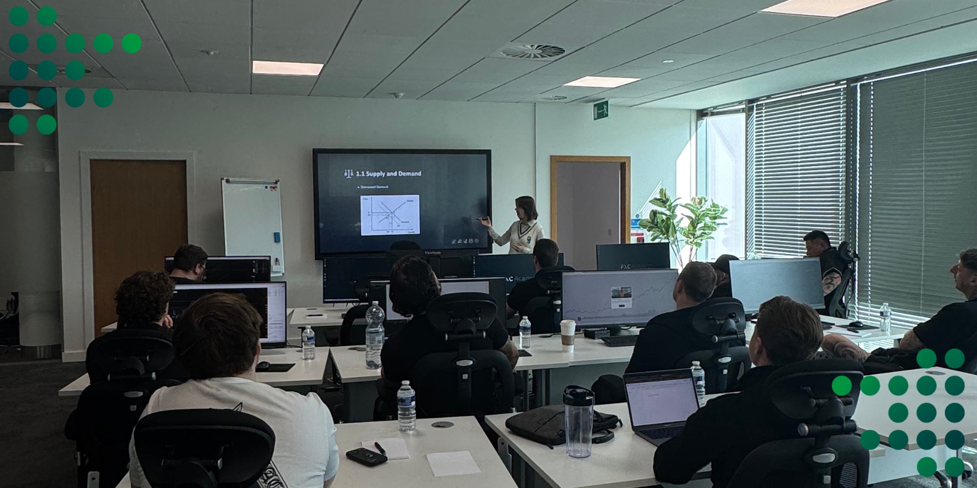 Trading Floor setting, group of traders learning on chart together